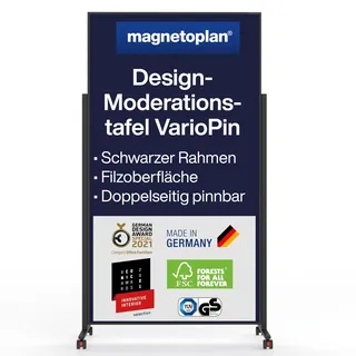 magnetoplan Design-Moderationstafel VarioPin, Filz Dunkelblau | BxH 1000x1800mm | Pinnwand Rahmen schwarz | Mobile Pinntafel | Doppelseitig | Hochwertige Filztafel | Made in Germany