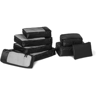 Amazon Essentials 8-teiliges Packwürfel-Reisezubehörset, Gepäck-Organizer mit Doppelreißverschluss, 100% Polyester, Mehrere Maße, Schwarz