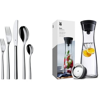 WMF Palermo Besteck Set 12 Personen, Essbesteck 60 teilig, Monobloc-Messer, Cromargan Edelstahl & Basic Wasserkaraffe aus Glas, 1 Liter, Glaskaraffe mit Deckel, Silikondeckel, CloseUp-Verschluss