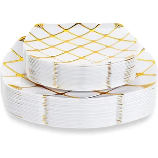 MATANA 40 Eckige Weiße Kunststoffteller mit Goldmuster - 2 Größen: 20 x 25cm & 20 x 18cm - Mehrweg & Stabil - Hochzeiten, Geburtstage, Weihnachten, Partys