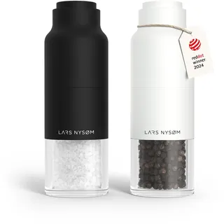 LARS NYSØM Salz und Pfeffermühle Set mit verstellbarem Keramikmahlwerk I Edelstahl Pfeffermühle und Salzmühle I Gewürzmühlen Set (Black/White)