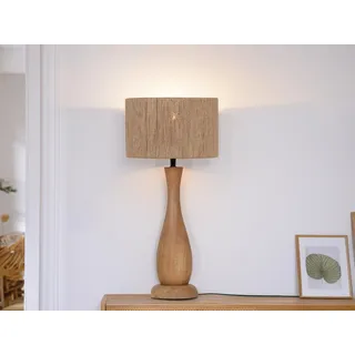 Große LED Nachttischlampe mit Holzfuß & Lampenschirm aus Jute Holzlampe, H: 54cm