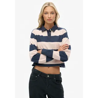 Langarm-Poloshirt SUPERDRY "ATH ESS CROPPED STRIPE RUGBY", Damen, Gr. L, navy, pink stripe, Single Jersey, Obermaterial: 100% Baumwolle, gestreift, oversize normal, ohne Ausschnitt, Shirts Langarm-Poloshirt, aus Baumwolle und Single Jersey, Oversize-Passform, mit Polokragen