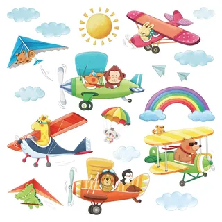 Decowall DS-8026 Doppeldecker Hängeleiter Flugzeuge Tiere Wandtattoo Wandsticker Wandaufkleber Wanddeko für Wohnzimmer Schlafzimmer Kinderzimmer (Klein)