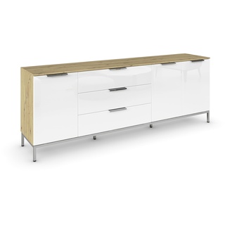 Rauch Möbel Flipp, Sideboard, TV-Schrank, Kommode mit Stauraum, mit Metallkufe chrom, Eiche Artisan/Glasfront Weiß, Holz, 3-türig, Glastüren, 3 Schubladen, Griffe chrom, 199x72x42cm