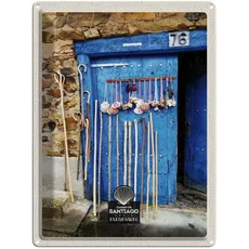 Blechschild 30x40 cm - Spanien Muscheln blaue Tür Gehstock