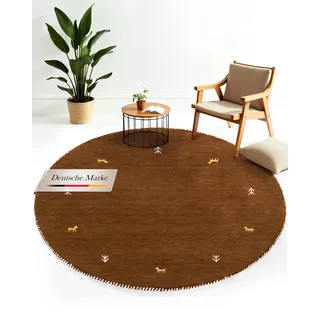 carpetfine Wollteppich Gabbeh Uni Rund Braun Ø 80 | Moderner Teppich für Wohn- und Schlafzimmer