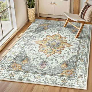 INOVADAY Vintage Waschbarer Teppich Wohnzimmer 90x150 cm Boho Kurzflor rutschfest Teppich Weich Teppiche mit Druckmuster für Schlafzimmer, Esszimmer, Büro Gelb/Grau/Orange/Lila