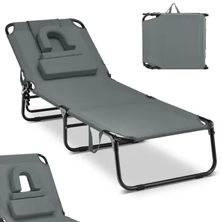 COSTWAY Sonnenliege mit Gesichtsöffnung, klappbare Gartenliege mit 3 abnehmbaren Kissen und 5-Fach Verstellbarer Rückenlehne, Strandliege Liegestuhl für Garten und Poolbereich (Grau)