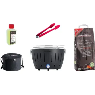 LotusGrill S Small Kompakt Starter-Set Anthrazitgrau der raucharme Holzkohlegrill mit 2,5 kg Buchenholzkohle, 200 ml Brennpaste, 1x Zange (Farbe nach Vorrat), 1x Tasche Stromversorgung USB-Powerbank