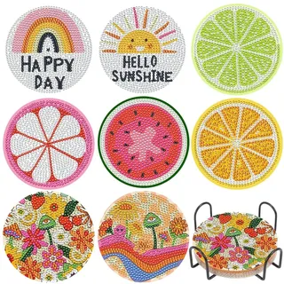 Diamond Painting Untersetzer, DIY Frucht Diamant Malerei Glasuntersetzer mit Halter, rutschfest Getränke Untersetzer, Rund Getränke Tassen Untersetzer Küchen Tassenuntersetzer Tisch Deko
