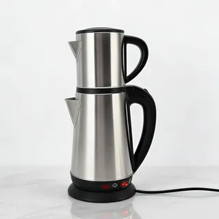 Cuifati Türkische Teekanne, 1L und 2L Edelstahl Türkischer Teeherstellungsmaschine mit Abnehmbarem Infuser, Elektrischer Doppelkessel -Teekanne mit 12 Tassen Kapazität, 1800W (EU-Stecker 220V)