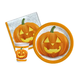 Ciao AZ170 Partygeschirr Party-Set Halloween (Pappteller, Bucher, Servietten), Orange, Weiß, 24 persone