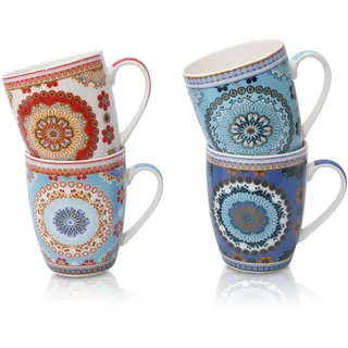 Flanacom Premium Kaffeetassen 4-er Set Orientalisches Design - Große Marokkanische Keramik Kaffee-Becher ca. 300-ml - Hochwertige Boho Tee-Tassen - Kaffeetassen-Set - Geschenk Frauen (Design 4 Kreise)