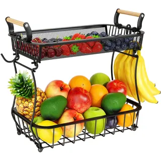Obstkorb mit 2 Ebenen und 2 Bananen-Aufhängern für Küchenarbeitsplatte, Gemüse-Arbeitsplatte, Aufbewahrungshalter, große Kapazität, Metalldraht, Obstständer, Organizer für Zwiebel, Snack, schwarz