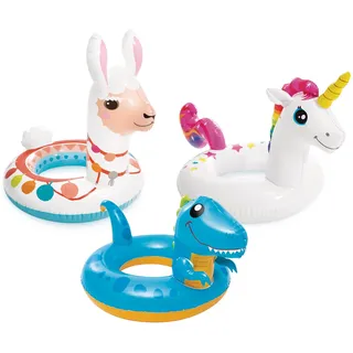 Intex 59221NP - Aufblasbarer Schwimmring Tiere Assortiert, 1 Stück, Vinyl, Mehrfarbig, Dinosaurier 81x58 cm, Lama 85x58 cm, Einhorn 107x58 cm