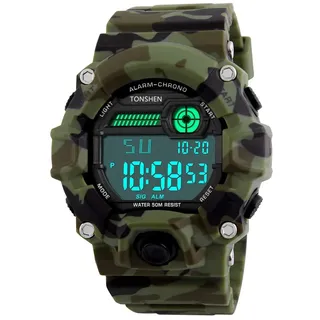 TONSHEN Digital Uhr für Männer 50M Wasserdicht Outdoor Sportuhr Stoppuhr LED Licht Militär Tactical Armbanduhr Camouflage Kautschuk Band Herren Uhr