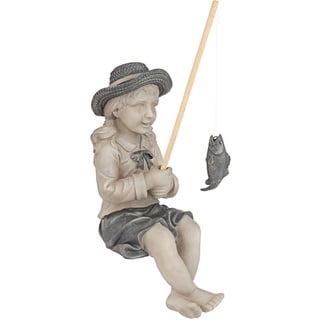 Design Toscano Big Catch Fisherwoman Nellie Girl mit Angelrute, Gartenstatue, mittelgroß, 43,2 cm hoch, Steinguss, zweifarbiges Stein-Finish