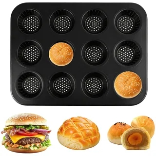 YIFKJYLF BröTchen Backform, Burger Buns Backform Rund mit 12 FäChern ø Je 6.8 Cm, Mini Burger BröTchen HitzebestäNdig Antihaftbeschichtung für Hausgemachte Burger Brot Windbeutel TöRtchen