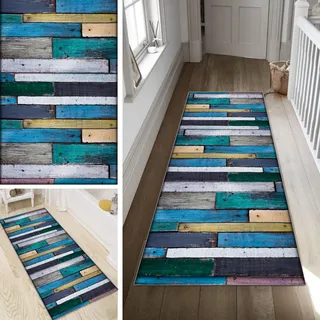 Poaegle Teppich Läufer Flur Blau Lang rutschfest KücheLäufer Holzmaserung Waschbar Schlafzimmer Bunt Teppich Läufer 40x180cm Dauerhaft Läuferteppich FlurLäufer Korridor Meterware