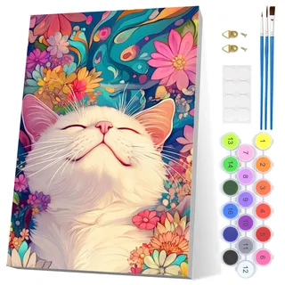 EOBROMD Malen Nach Zahlen Erwachsene Katze, Blumen DIY Handgemalt Tiere Ölgemälde Kit mit Rahmen, Paint by Numbers mit 3 Pinseln und Acrylfarbe Knitterfreie Leinwand Kit zur Heimdekoration 20x30cm