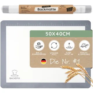 Backefix Silikon Backmatte 50×40 cm Grau – wiederverwendbare 2in1 Ausrollmatte und Teigunterlage zum Kneten, Formen und Teigarbeiten, Backen, antihaftend, spülmaschinenfest und frei von BPA & PFAS