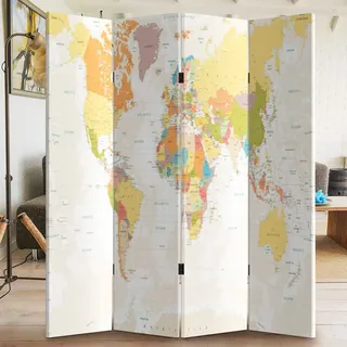 BAKAJI Paravent Raumteiler aus Holz mit Leinenüberzug mit Druck vorne Retro Weltkarte Faltbar (180 x 160 cm 4 Panele)
