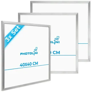 PHOTOLINI Bilderrahmen 40x40 Silber, 3er Set Bilderrahmen quadratisch 40x40 Holz MDF mit bruchsicherem Acrylglas, Rahmen 40 x 40 zum Aufhängen mit Zubehör - Picture Frame für Fotos & Poster