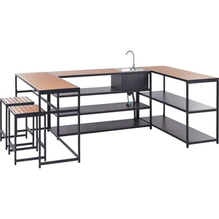BELIANI Outdoor-Küche Schwarz Stahl u. Kunstholz 5er Set mit Spüle 2 Hocker 3 Inseln Modern für Garten Draußen Outdoor-Küchenmöbel Gartenküche - Schwarz, Braun