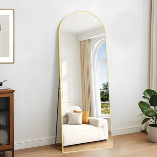 KOCUUY Bogen Standspiegel, 165 x 60 cm Großer Gewölbter Ganzkörperspiegel, Groß Wandspiegel mit Gold Aluminium Rahmen, Hängend, Stehend, Kippbar, für Wohnzimmer, Schlafzimmer und Flure