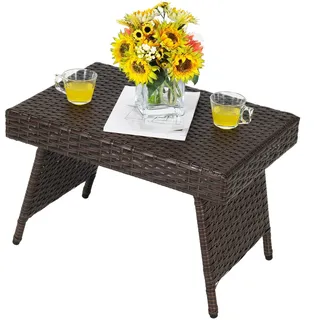 Costway klappbar Rattantisch, Beistelltisch Gartentisch Polyrattan, Balkontisch mit PVC-Platte, Teetisch für Garten Wohnzimmmer Balkon, Braun...