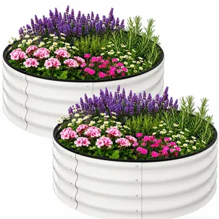 GarveeMore 2er-Set Hochbeete, rund, 120 x 120 x 30 cm aus verzinktem Stahl | Bodenlos für direkte Bepflanzung | Verzinkter Stahl, einfach montierbar | Für Gemüse, Kräuter und Blumen | Farbe: Creme
