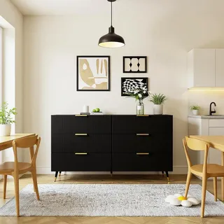 FurnitureR Black Unbewegliche Kücheninsel, Moderner Stil, Geräumige Aufbewahrung, Robustes Spanplattenmaterial, Elegante Messingakzente, 6-Schubladenkonstruktion, Vielseitige Raumnutzung