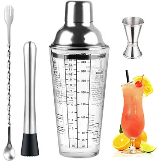 Cocktail Shaker, 400 ML Shaker Glas mit Eingebautem Sieb, 4 Teilig CocktailShaker Set, Enthalten CocktailShaker Becher, Messbecher, Zerdrücktes Eis am Stiel, Löffel, für Haus, Bar, Party