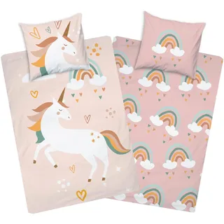 Aminata kids Bettwäsche 135x200 Mädchen Einhorn Motiv 100% Baumwolle | mit Reißverschluss Kinder-Wende-Bettwäsche-Set Jugendliche Einhornbettwäsche rosa Regenbogen