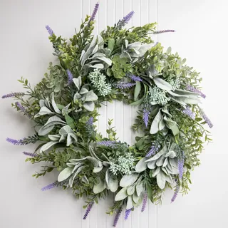Perfnique Türkranz Ganzjährig 50 cm, Künstlicher Frühlings- & Sommerkranz mit Lammohren, Lavendelblüten und Eukalyptus, Deko für Haustür, Fenster & Wand (Lavendel)