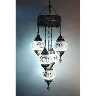 5-globige Hängelampe aus weißem Mosaikglas - Türkische Hängelampe mit 5 Mosaik-Glaskugeln - Orientalische Deckenleuchte - Weiß