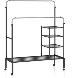 COSTWAY Rollender Wäscheständer, Kleiderständer mit doppelten Stangen, höhenverstellbaren Aufhängestangen, verriegelbaren Rollen Silber - Schwarz, Silber