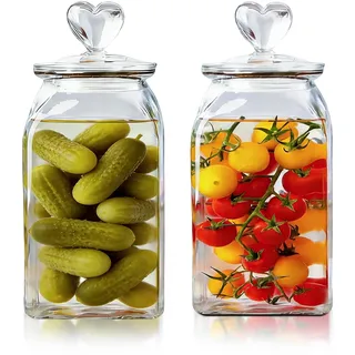 HomeyHoney Vorratsgläser mit Deckel Luftdicht 2er Set,Bonbonglas Mit Herzform Vorratsdosen Glas, Quadratische Behälter, 1400ml Dekorative Vorratsglas Aufbewahrungsgläser für Candy Bar,Küche, Glatt