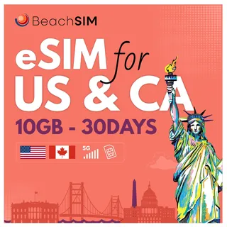 BeachSIM Kanada eSIM 30 Tage. 10 GB Datenvolumen mit 4G/5G-Netzen. Kostenloses Roaming in den USA. Nur Daten. Verwendung mit eSIM-kompatiblen iOS- und Android-Geräten.