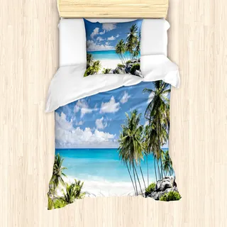ABAKUHAUS Tropisch Bettbezug Set für Einzelbetten, Barbados Strand Ozean, Milbensicher Allergiker geeignet mit Kissenbezug, Mehrfarbig