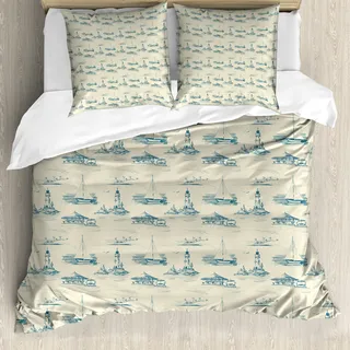 ABAKUHAUS Leuchtturm Bettbezug, Sommerzeit-Linien, Milbensicher Allergiker geeignet mit Kissenbezügen, 155 cm x 220 cm - 80 x 80 cm, Beige Dunkelblau - Beige