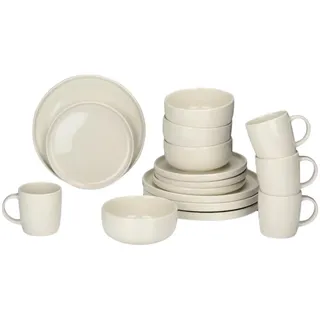 Alpina Geschirrset 16-Teilig - Teller Set 4 Personen - Steinzeug Geschirr - Frühstücksteller, Essteller, Schalen und Tassen - Mikrowellen- und Spülmaschinenfest - Creme