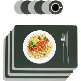 Relaxdays Platzdeckchen mit Untersetzern, 6er Set, Kunstleder, 30 x 43 cm, abwischbar, rechteckiges Tischset, grau/grün