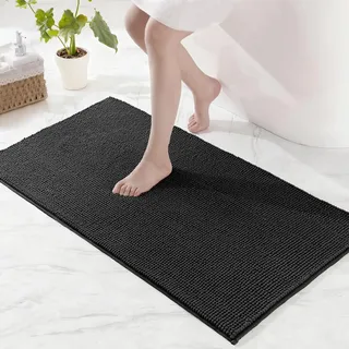 Exclusivo Mezcla Badematte Fußmatte Chenille Badezimmerteppich, Waschbar, Saugfähig und rutschfest Badvorleger Badteppich für Dusche Badezimmer, Schwarz, 60 x 120 cm