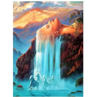DCIDBEI 40 x 50 cm DIY 5D Runde Diamant Malerei Landschaft Magische Berge,Diamond Painting Kits Pferd Set Diamant Painting Natur Frau,Wohnzimmer Schlafzimmer Dekoration Wandtattoo-Wasserfall Damen
