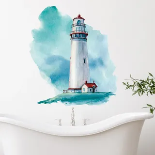 GRAZDesign Wandtattoo Leuchtturm Blau/Rot selbstklebend, Badezimmer Aufkleber, Wandsticker Nordsee | Wandaufkleber Bad, Tür, Fliesenaufkleber Klebefolie Fliesen 46x40cm