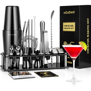 Cocktail Shaker Set, oGoDeal Boston Cocktail Shaker Schwarz mit Ständer, 27pcs Bar Equipment Barkeeper Set Cocktail Mixer Zubehör, Edelstahl Cocktail Geschenkset Mixology Bartender Kit