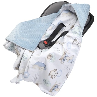 Medi Partners Einschlagdecke 100% Baumwolle 85x85cm Kuscheldecke für Kinderwagen Babyschale universal Baby Decke doppelseitig Babydecke Buggy Autositz (Hirsch und Igel mit hellblauem Minky)