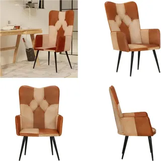 vidaXL Ohrensessel Braun und Creme Echtleder - Ohrensessel - Wingback Sessel - Sofasessel - Canvas Sessel - Creme